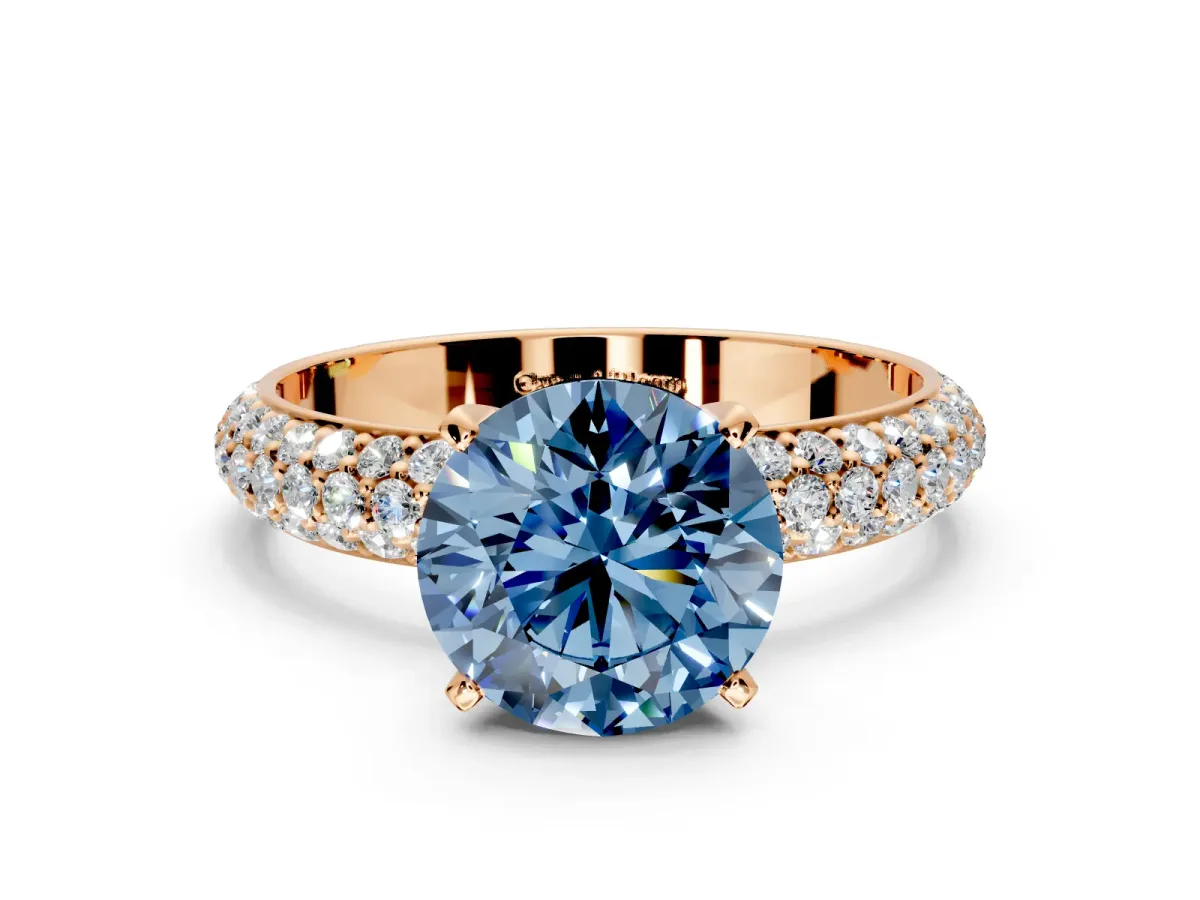 Solitaire Engagement Ring Setting for Fancy Blue Round Cut Center with Domed Multi-Row Pave Band and Prong Head in Rose Gold