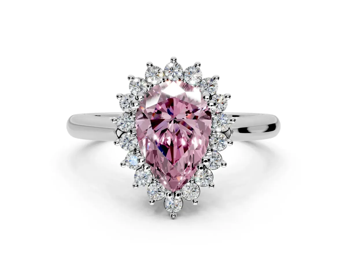 Starburst Halo Engagement Ring Setting for Fancy Pink Pear-Shaped Center with Thin Round-Wire Band and Prong Head in White Gold