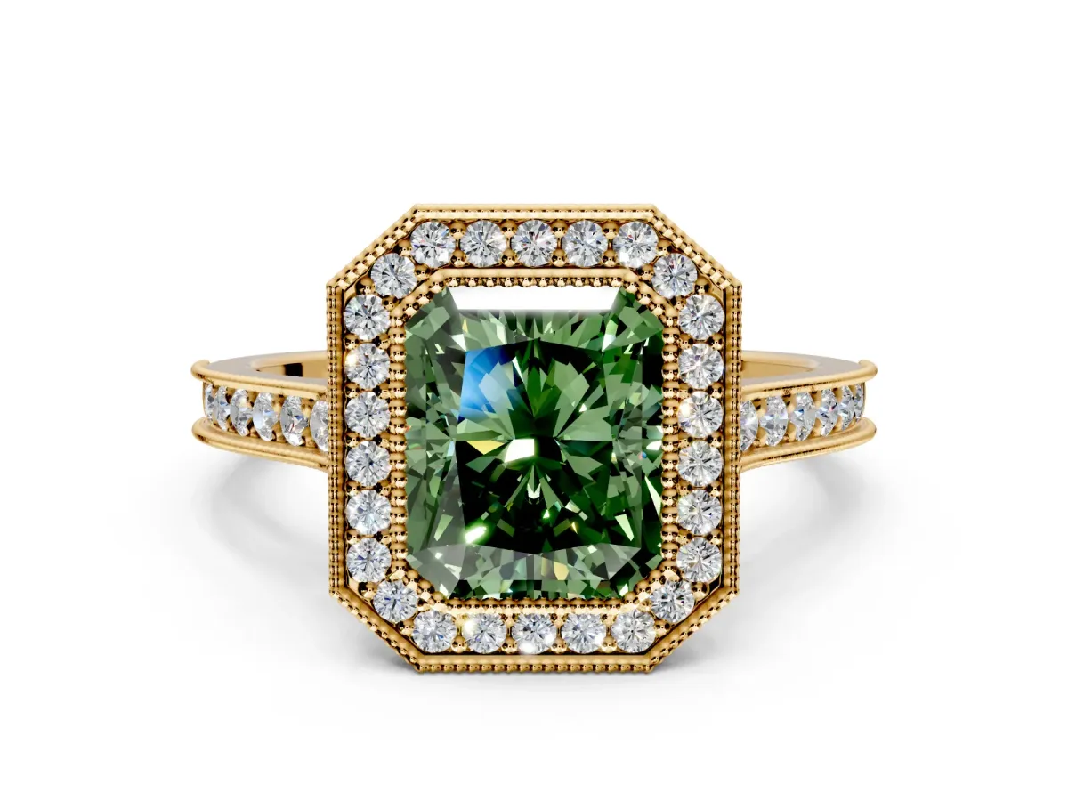 Halo Engagement Ring Setting for Fancy Green Radiant Cut Center with Milgrain Pave Band and Bezel Head in Yellow Gold