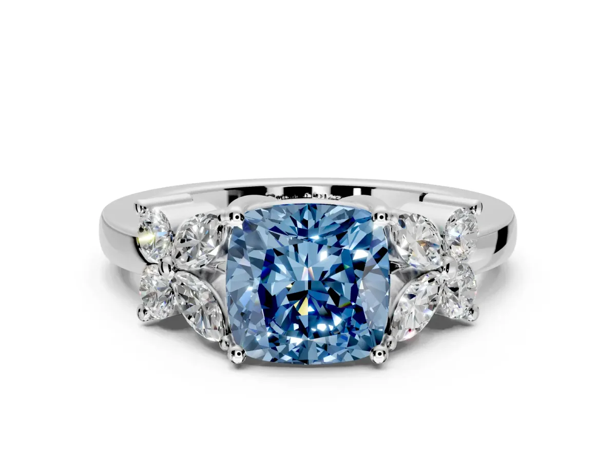 Floral Engagement Ring Setting for Fancy Blue Cushion Cut Center with Marquise Cluster Shoulders and Prong Head in Sterling Silver