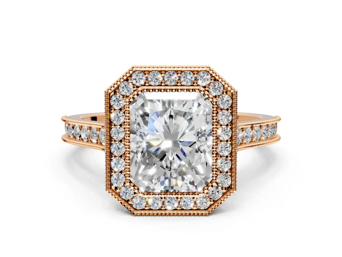 Halo Engagement Ring Setting for Radiant Cut Center with Milgrain Pave Band and Bezel Head in Rose Gold