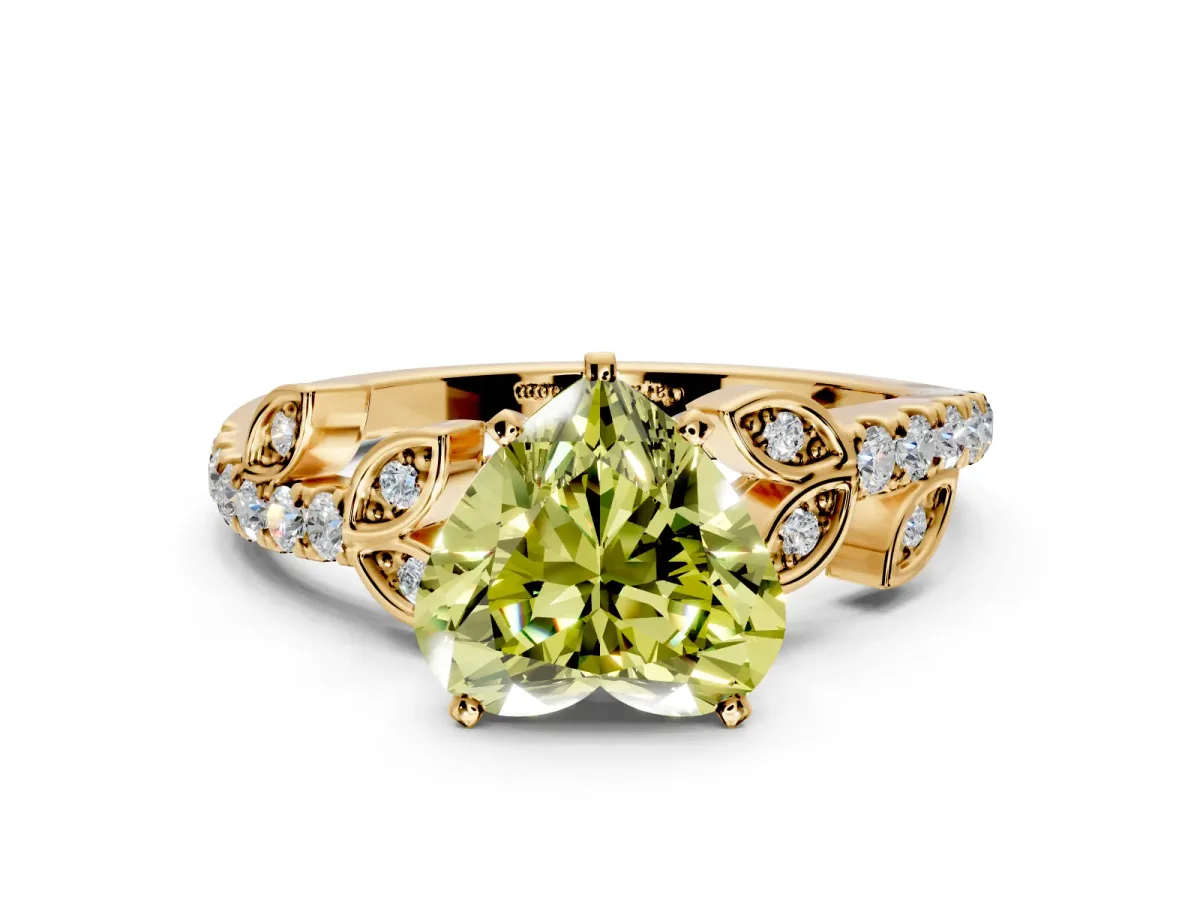 Leaf Motif Engagement Ring Setting for Fancy Yellow Heart-Shaped Center with Pave Band and Prong Head in Yellow Gold