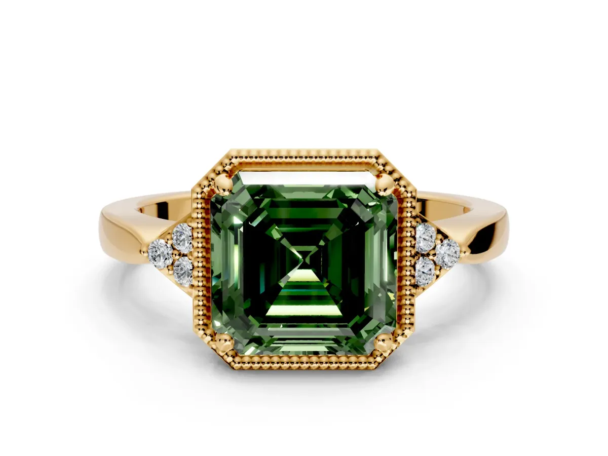 Cluster Engagement Ring Setting for Fancy Green Asscher Cut Center with Milgrain Shoulder Clusters and Prong Head in Yellow Gold