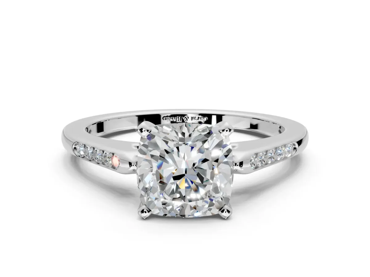 Solitaire Engagement Ring Setting for Cushion Cut Center with Channel Accents and Prong Head in Platinum