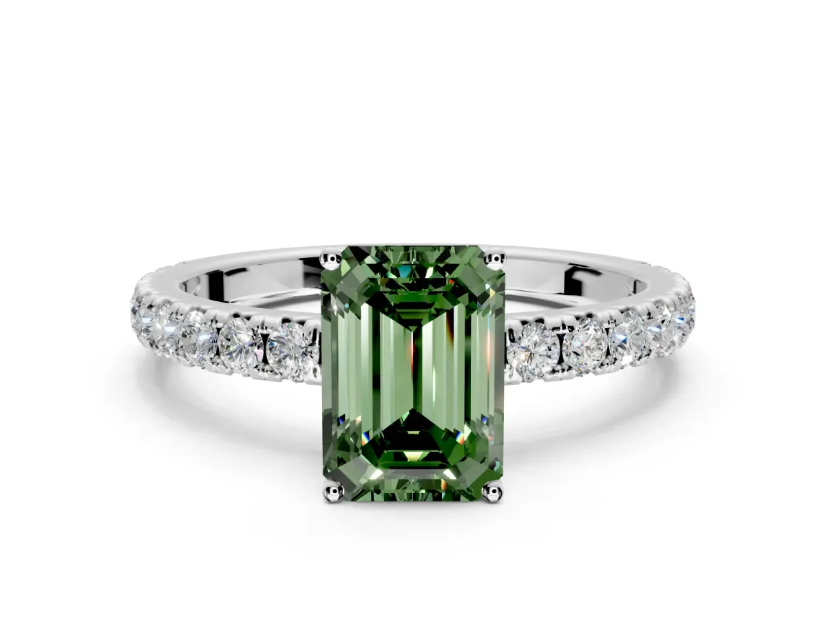 Solitaire Engagement Ring Setting for Fancy Green Emerald Cut Center with Large Accent Band and Prong Head in White Gold
