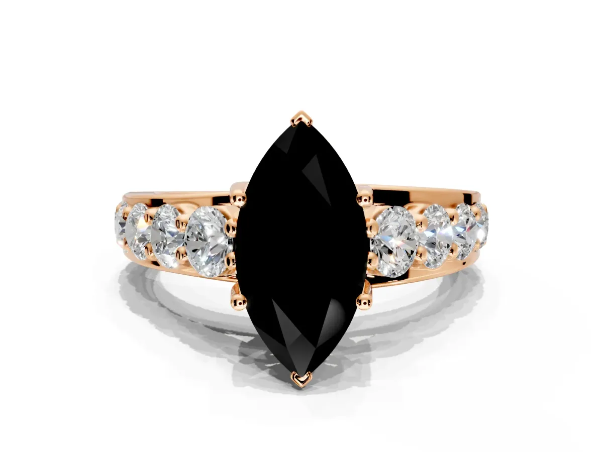 Solitaire Engagement Ring Setting for Fancy Black Marquise Center with Graduated Shared Prongs and Prong Head in Rose Gold