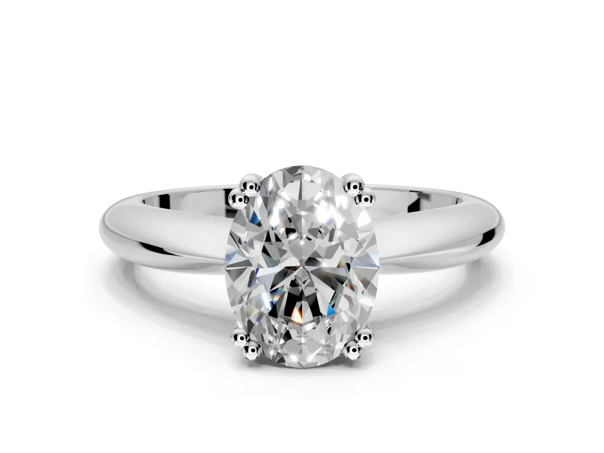 Solitaire Engagement Ring Setting for Oval Center with Reverse Tapered Band and Prong Head in White Gold