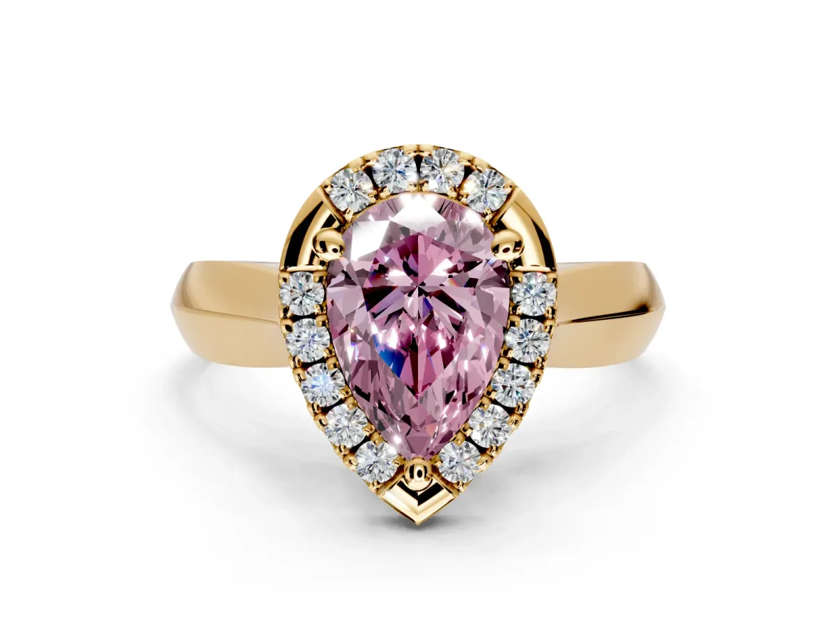 Halo Engagement Ring Setting for Fancy Pink Pear-Shaped Center with Square Band and Prong Head in Yellow Gold