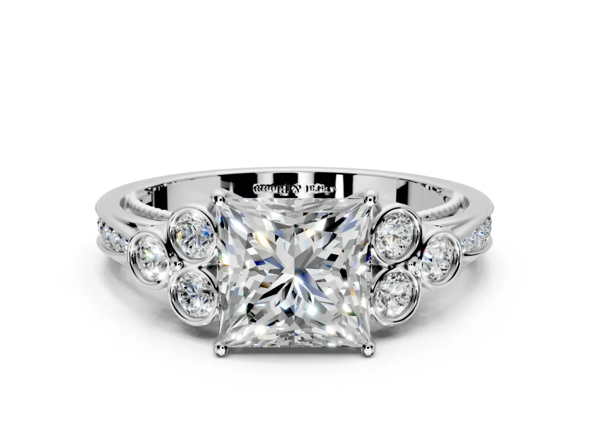 Cluster Engagement Ring Setting for Princess Cut Center with Bezel Accent Clusters and Prong Head in Sterling Silver