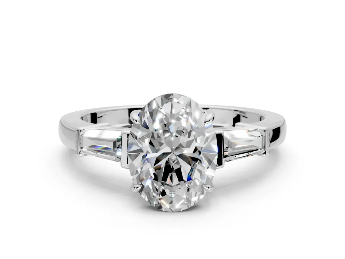 3 Stone Engagement Ring Setting for Oval Center with Baguette Accents and Prong Head in Sterling Silver