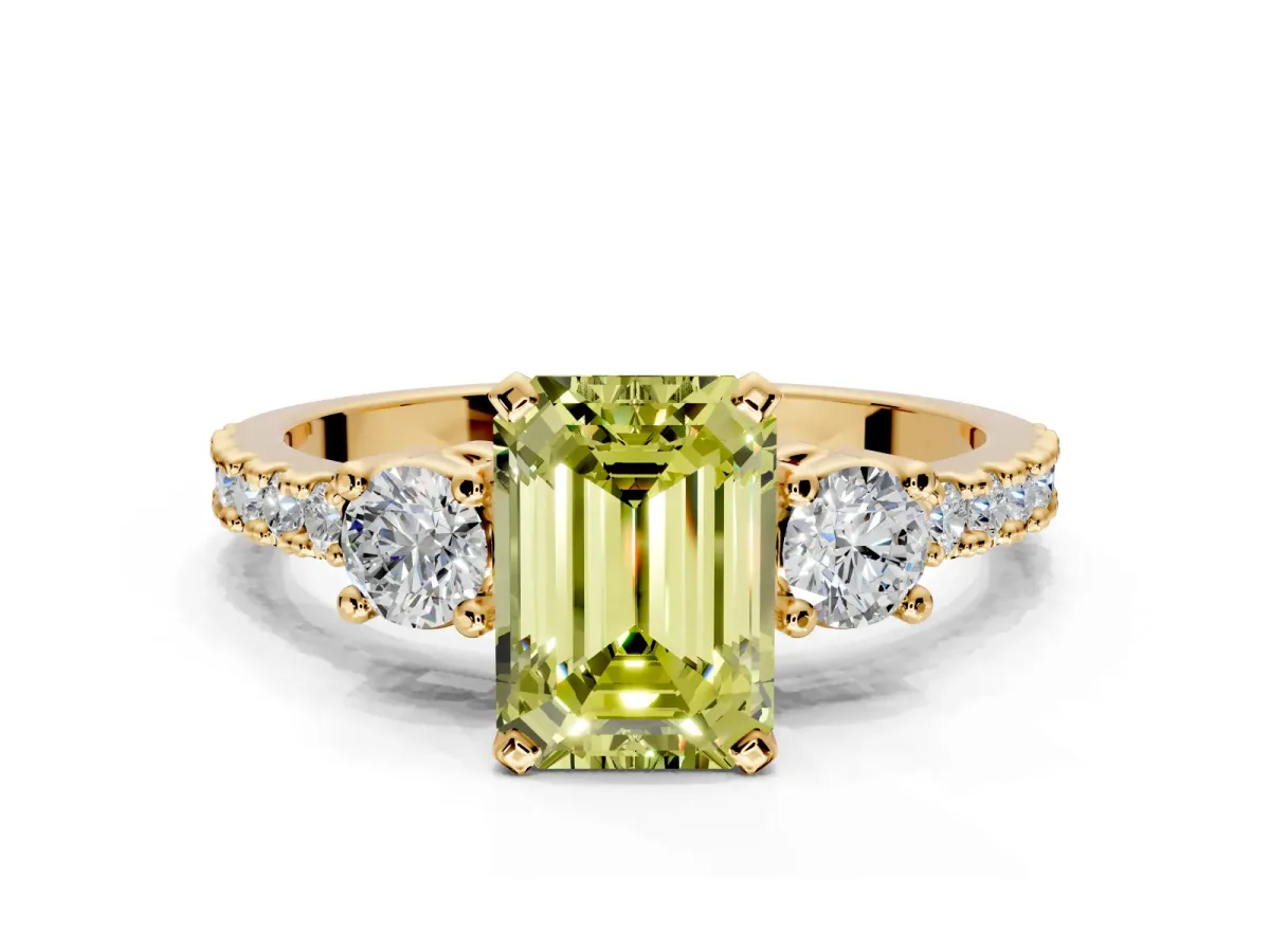 3 Stone Engagement Ring Setting for Fancy Yellow Emerald Cut Center with Round Cut Side Accents and Prong Head in Yellow Gold