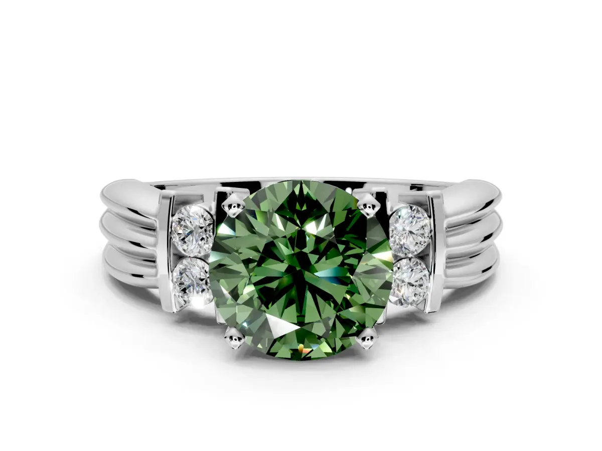 Solitaire Engagement Ring Setting for Fancy Green Round Cut Center with Grooved Bar Accent Band and Prong Head in Platinum