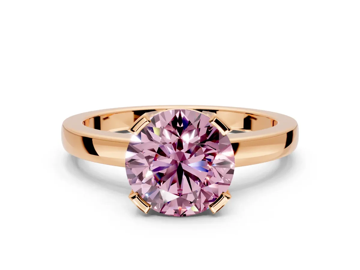 Solitaire Engagement Ring Setting for Fancy Pink Round Cut Center with Plain Band and Flat Tab Prong Head in Rose Gold