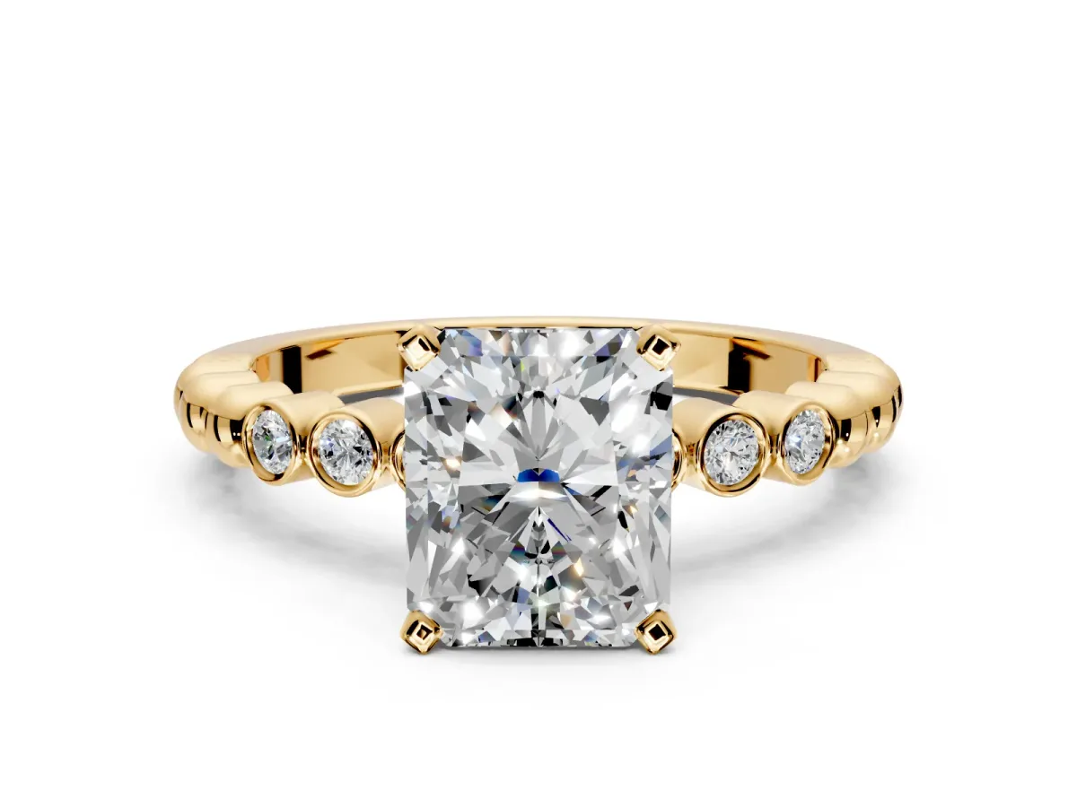 Solitaire Engagement Ring Setting for Radiant Cut Center with Bezel-Dot Beaded Band and Prong Head in Yellow Gold