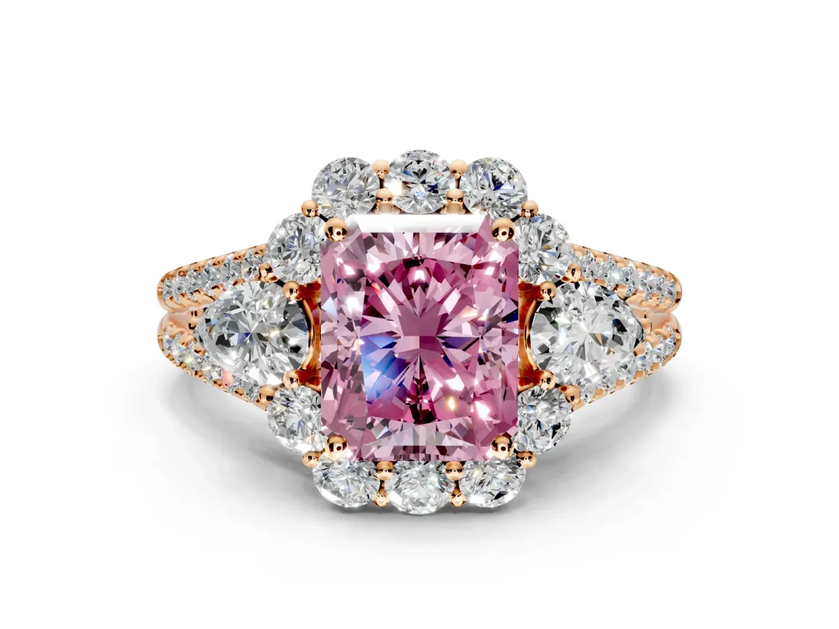 Halo Engagement Ring Setting for Fancy Pink Radiant Cut Center with Two-Strand Split Shank and Prong Head in Rose Gold