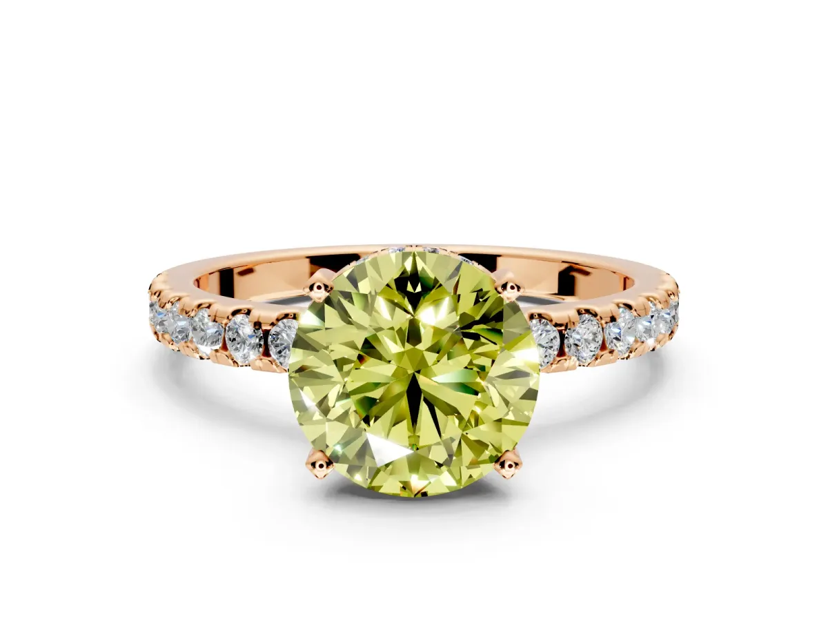 Solitaire Engagement Ring Setting for Fancy Yellow Round Cut Center with Band of Accents and Prong Head in Rose Gold