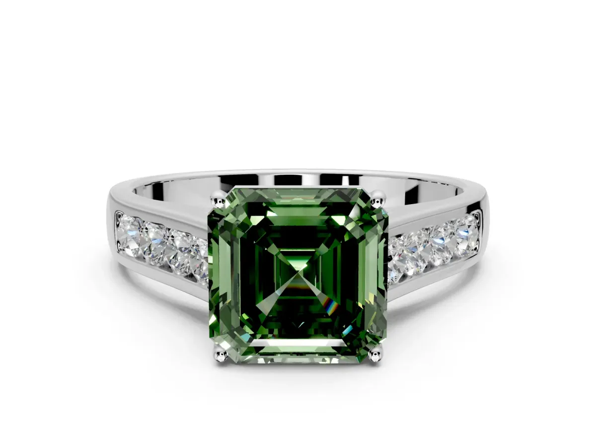 Solitaire Engagement Ring Setting for Fancy Green Asscher Cut Center with Round Cut Channel Band and Prong Head in Sterling Silver