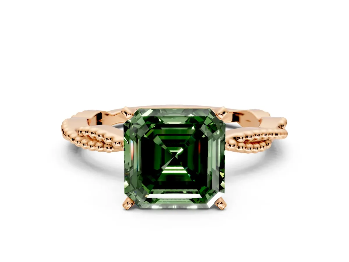 Solitaire Engagement Ring Setting for Fancy Green Asscher Cut Center with Twist Band and Bead Prong Head in Rose Gold