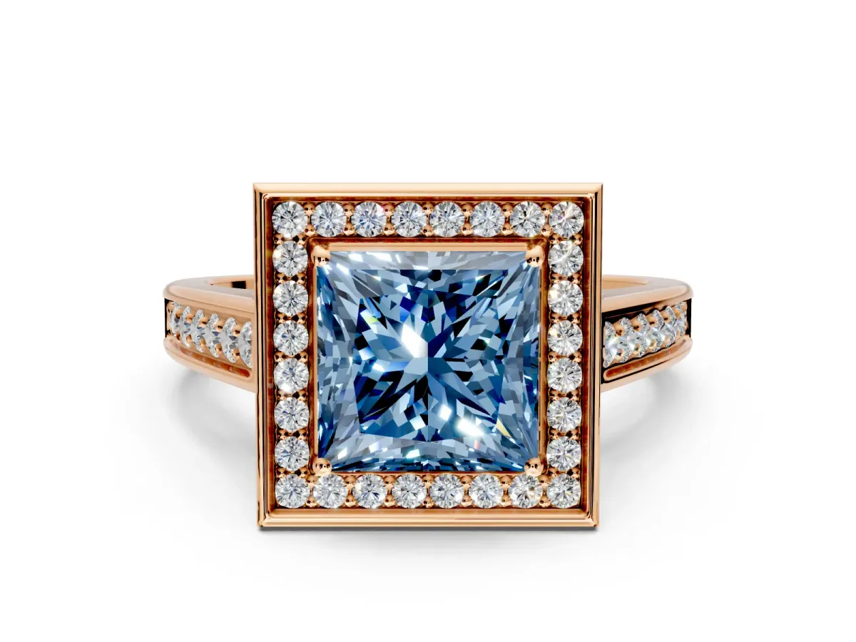 Halo Engagement Ring Setting for Fancy Blue Princess Cut Center with Outer Bezel Rim, Pave Band and Prong Head in Rose Gold