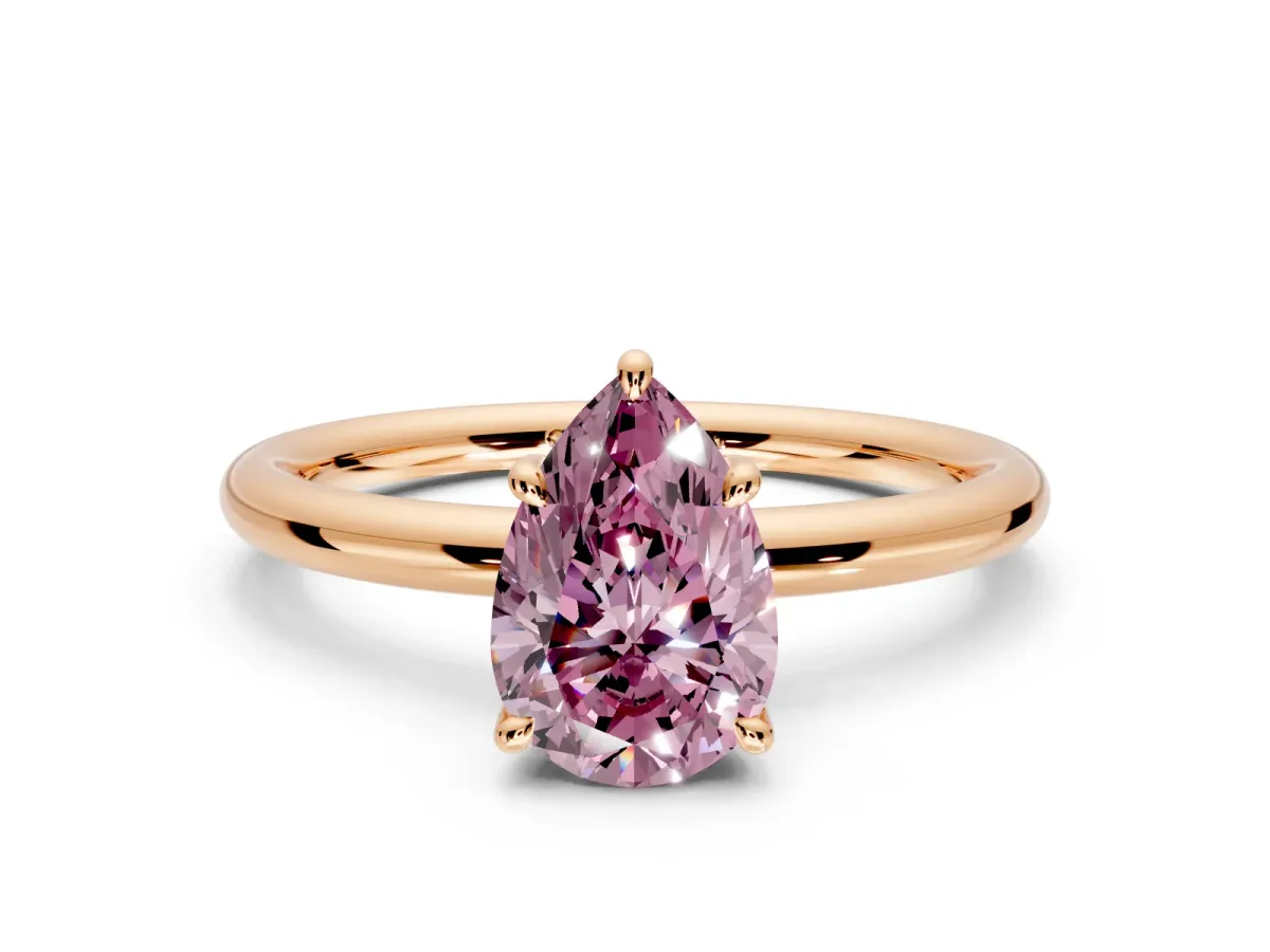 Hidden Halo Engagement Ring Setting for Fancy Pink Pear-Shaped Center with Thin Rounded Band and Prong Head in Rose Gold