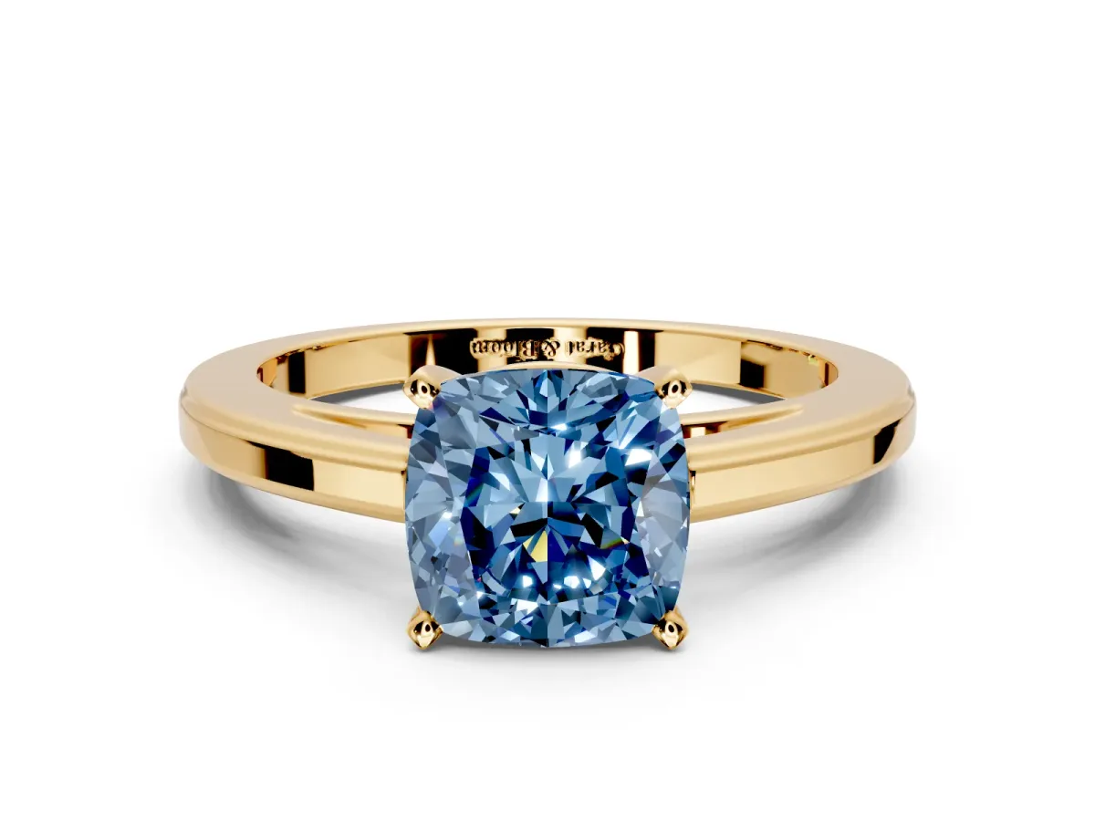 Solitaire Engagement Ring Setting for Fancy Blue Cushion Cut Center with Flat-Sided Plain Band and Prong Head in Yellow Gold