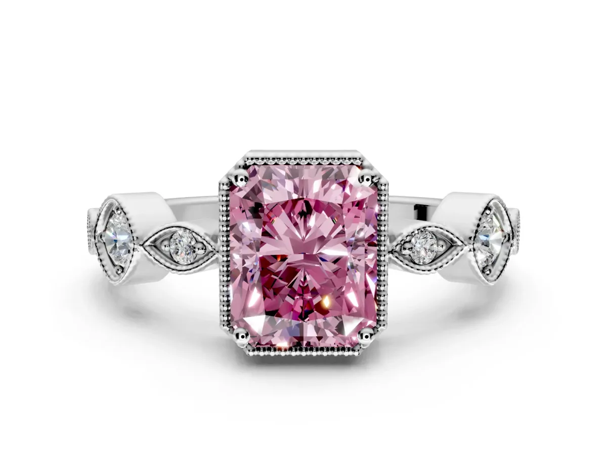 Vintage Station Engagement Ring Setting for Fancy Pink Radiant Cut Center with Accents and Prong Head in Platinum