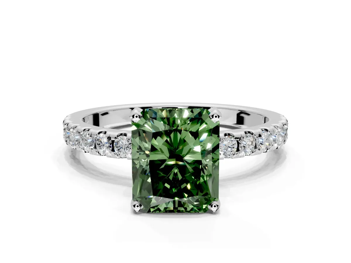 Solitaire Engagement Ring Setting for Fancy Green Radiant Cut Center with Band of Accents and Prong Head in White Gold