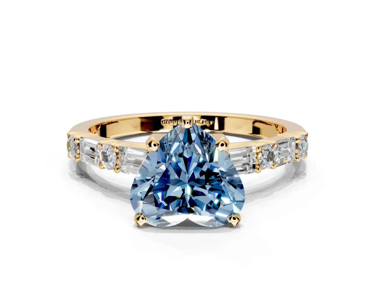 Baguette Engagement Ring Setting for Fancy Blue Heart-Shaped Center with Alternating Bar-Set Band and Prong Head in Yellow Gold