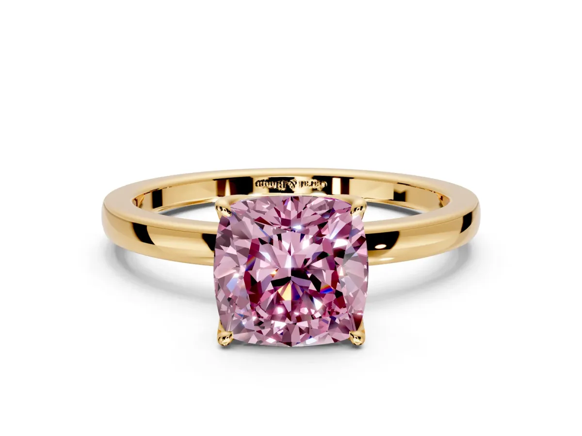 Solitaire Engagement Ring Setting for Fancy Pink Cushion Cut Center with Thin Rounded Plain Band and Prong Head in Yellow Gold