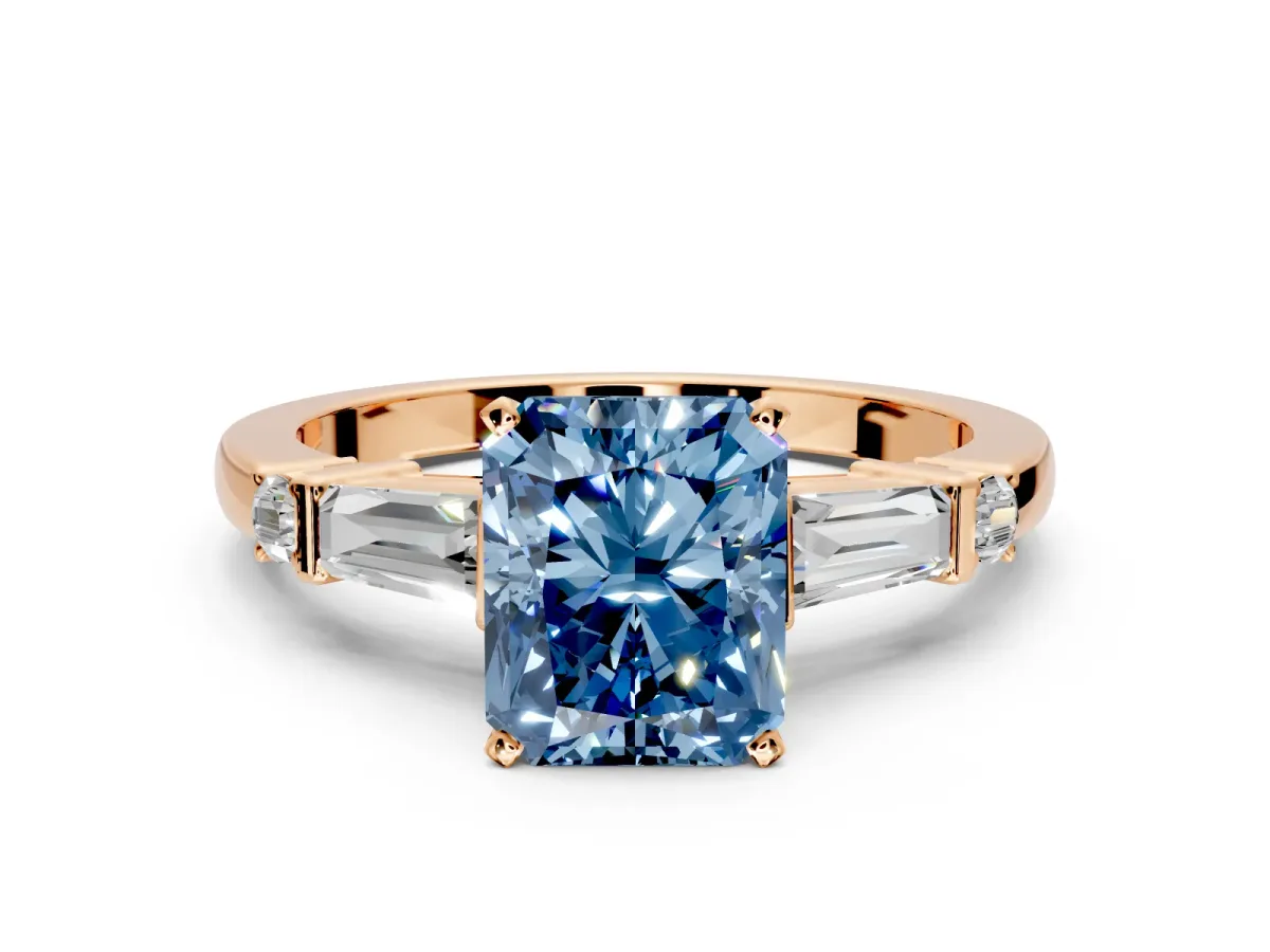 Bar-Set Engagement Ring Setting for Fancy Blue Radiant Cut Center with Tapered Baguette Accents and Prong Head in Rose Gold