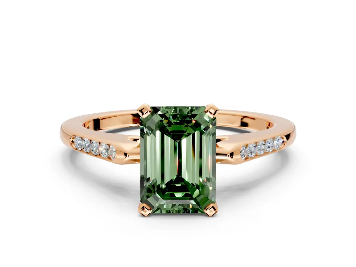 Solitaire Engagement Ring Setting for Fancy Green Emerald Cut Center with Channel Accents and Prong Head in Rose Gold