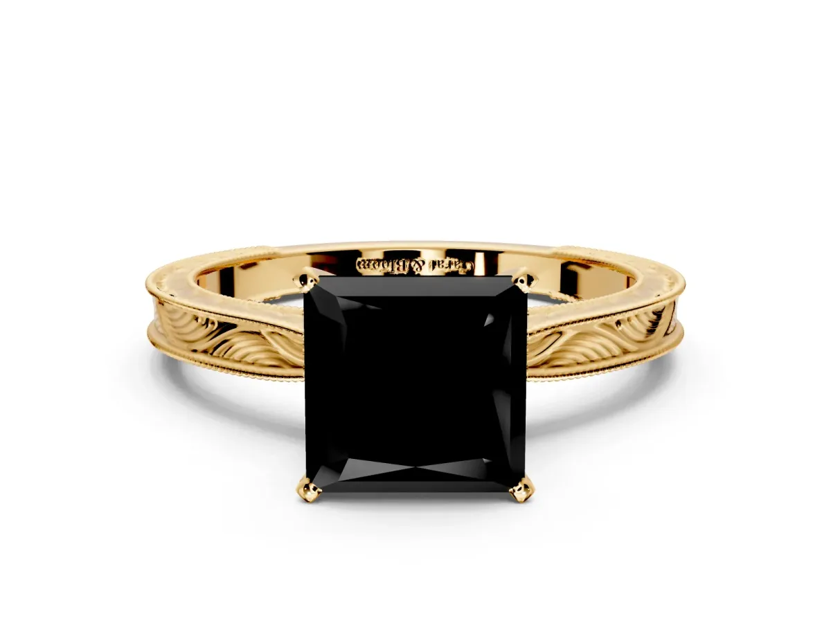 Solitaire Engagement Ring Setting for Fancy Black Princess Cut Center with Engraved Milgrain Band and Prong Head in Yellow Gold