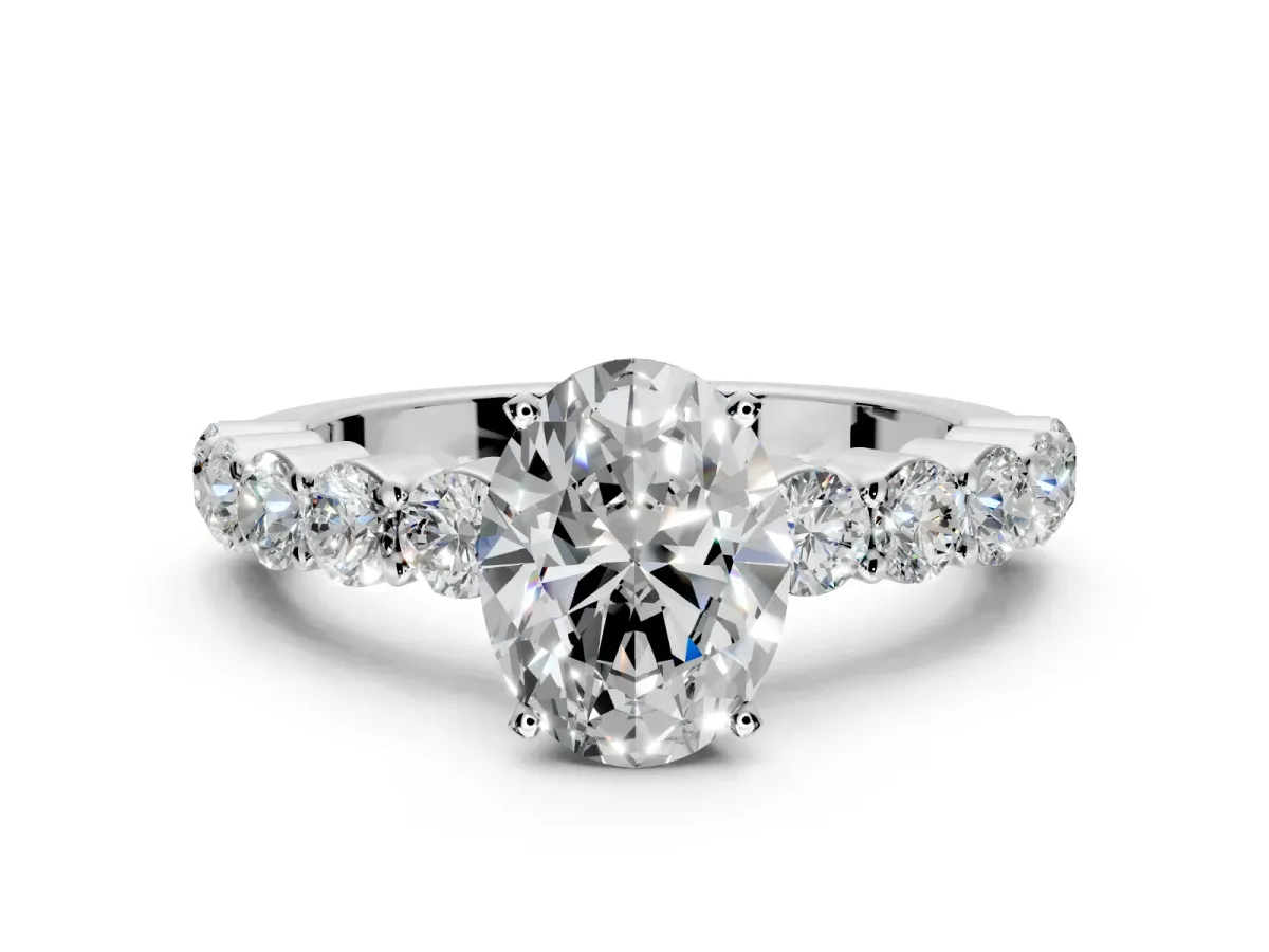 Shared-Prong Engagement Ring Setting for Oval Center with Graduated Accents and Prong Head in Platinum
