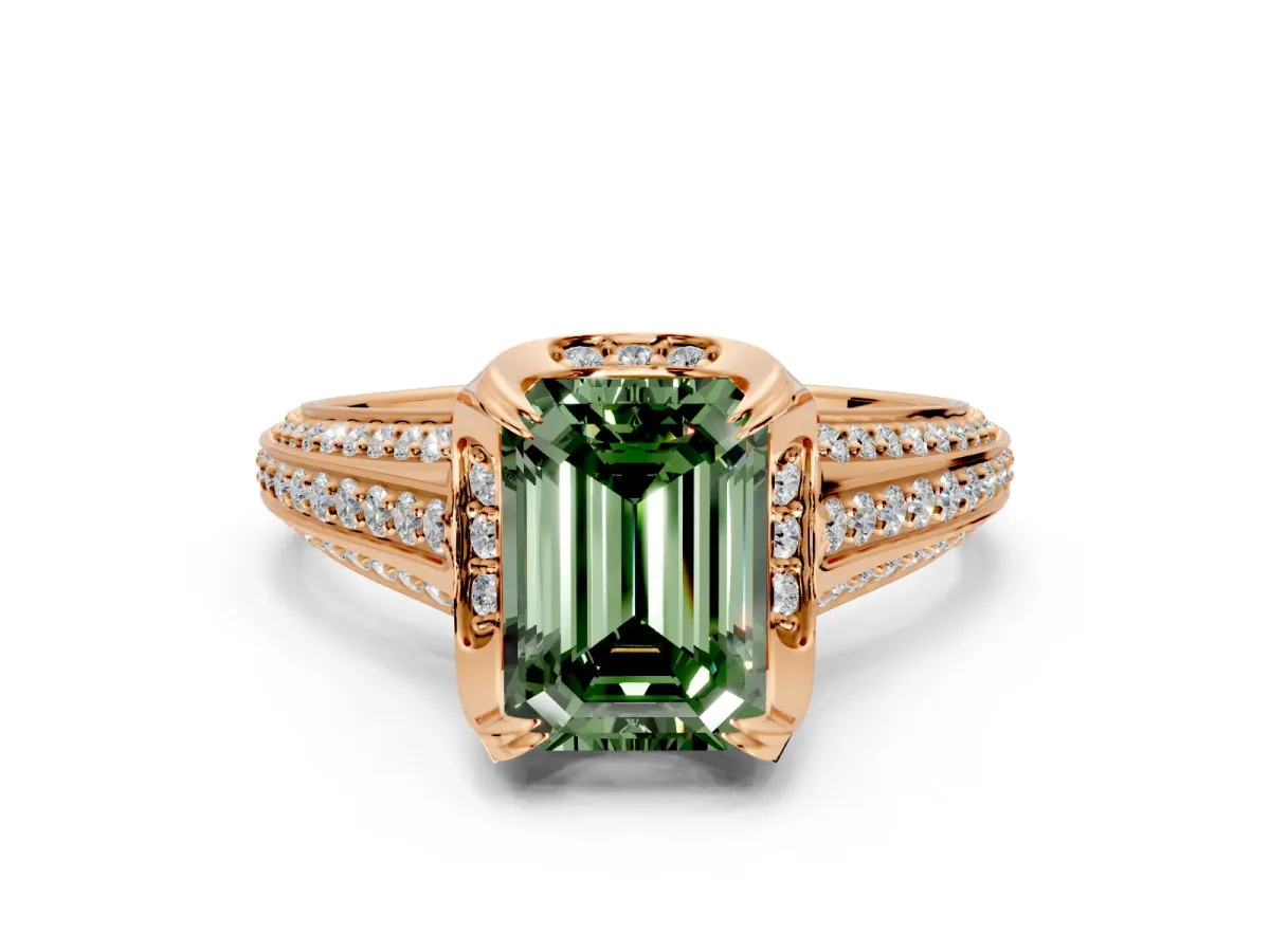 Solitaire Engagement Ring Setting for Fancy Green Emerald Cut Center with Accented Split Shank and Prong Head in Rose Gold