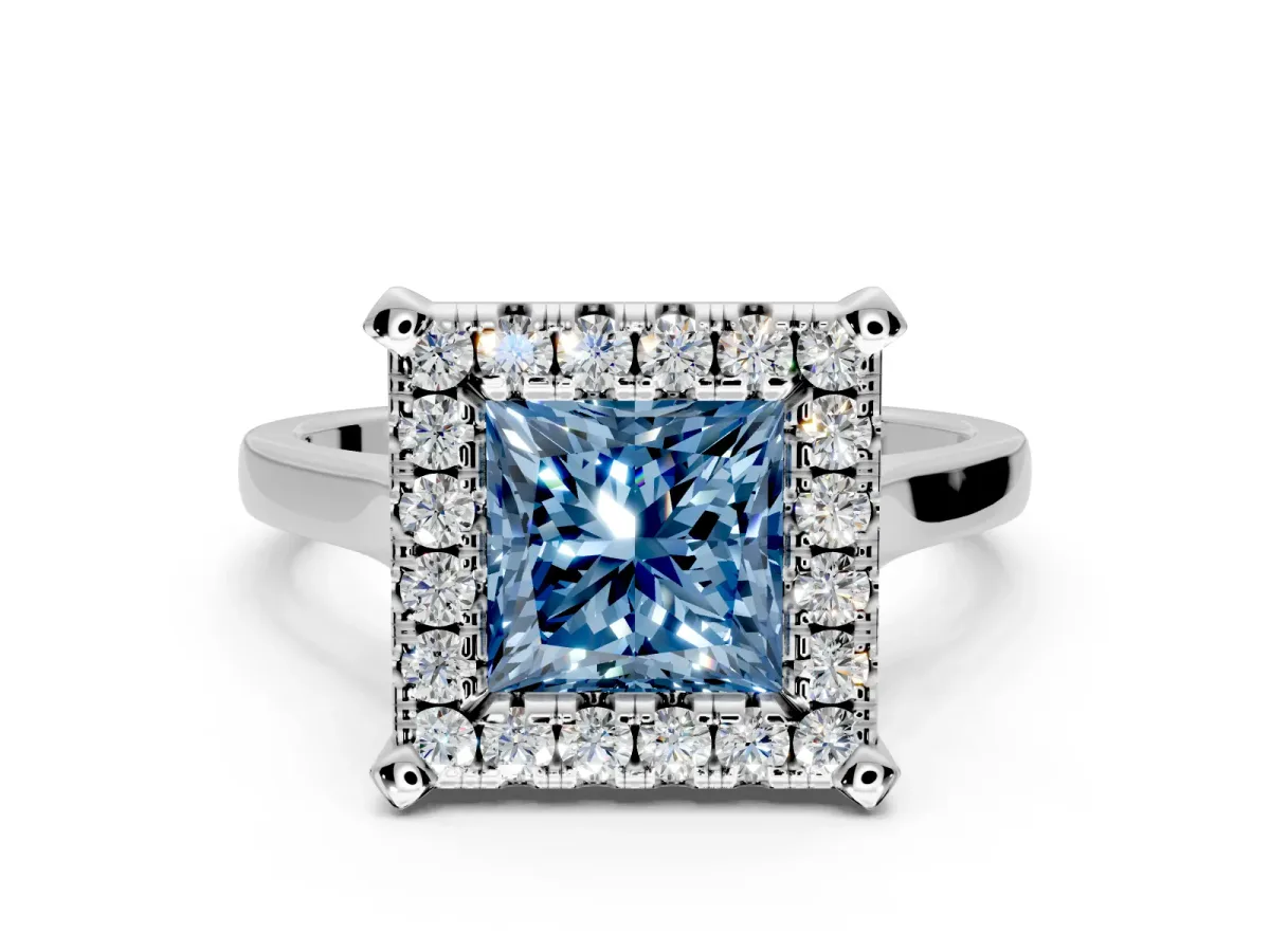 Single Halo Engagement Ring Setting for Fancy Blue Princess Cut Center with Corner Claws, Plain Band and Prong Head in Platinum