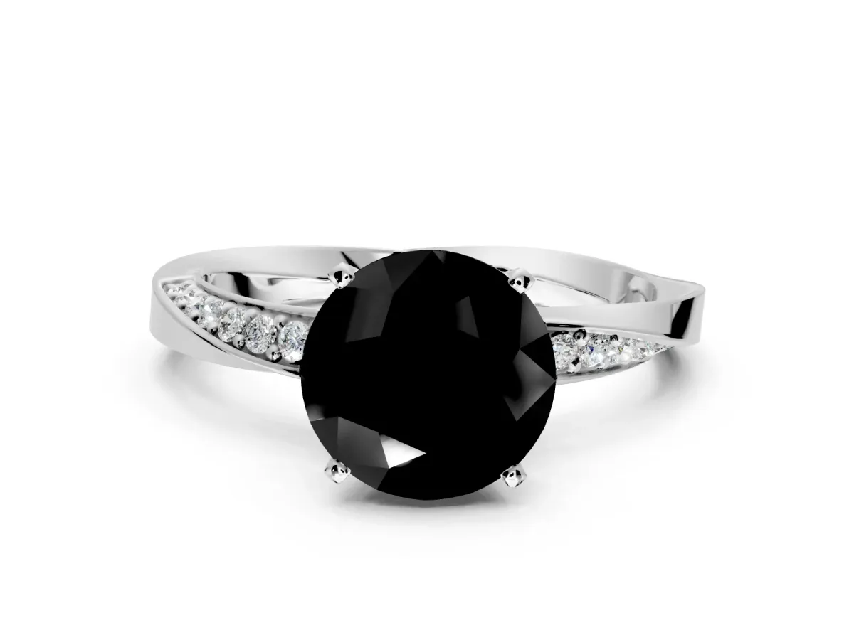 Side Accent Engagement Ring Setting for Fancy Black Round Cut Center with Accent Shoulders and Prong Head in White Gold