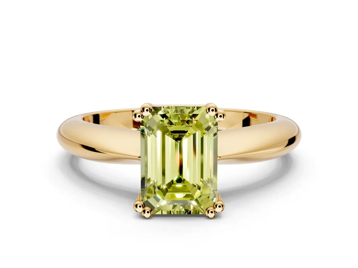 Solitaire Engagement Ring Setting for Fancy Yellow Emerald Cut Center with Reverse Tapered Band and Prong Head in Yellow Gold