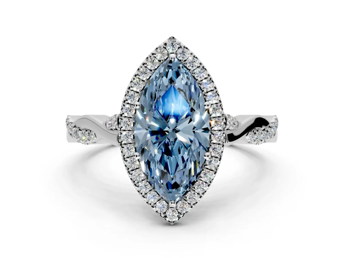 Halo Engagement Ring Setting for Fancy Blue Marquise Center with Twist Band and Prong Head in White Gold