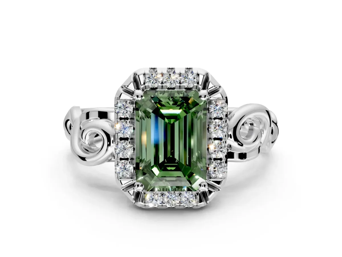 Halo Engagement Ring Setting for Fancy Green Emerald Cut Center with Open Scroll Shoulders and Prong Head in Platinum