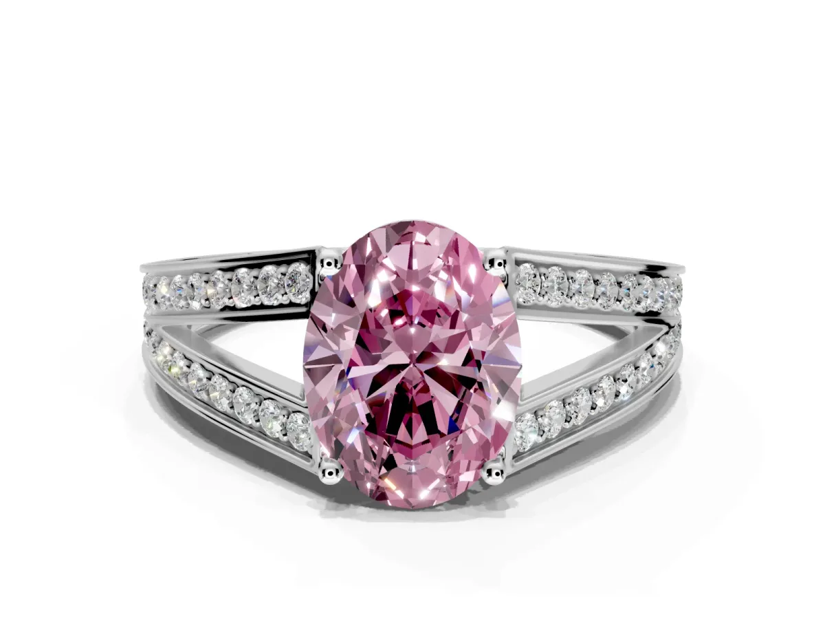 Split Shank Engagement Ring Setting for Fancy Pink Oval Center with Pave Split Shank and Prong Head in Sterling Silver
