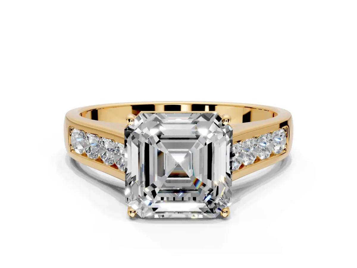 Solitaire Engagement Ring Setting for Asscher Cut Center with Round Cut Channel Band and Prong Head in Yellow Gold