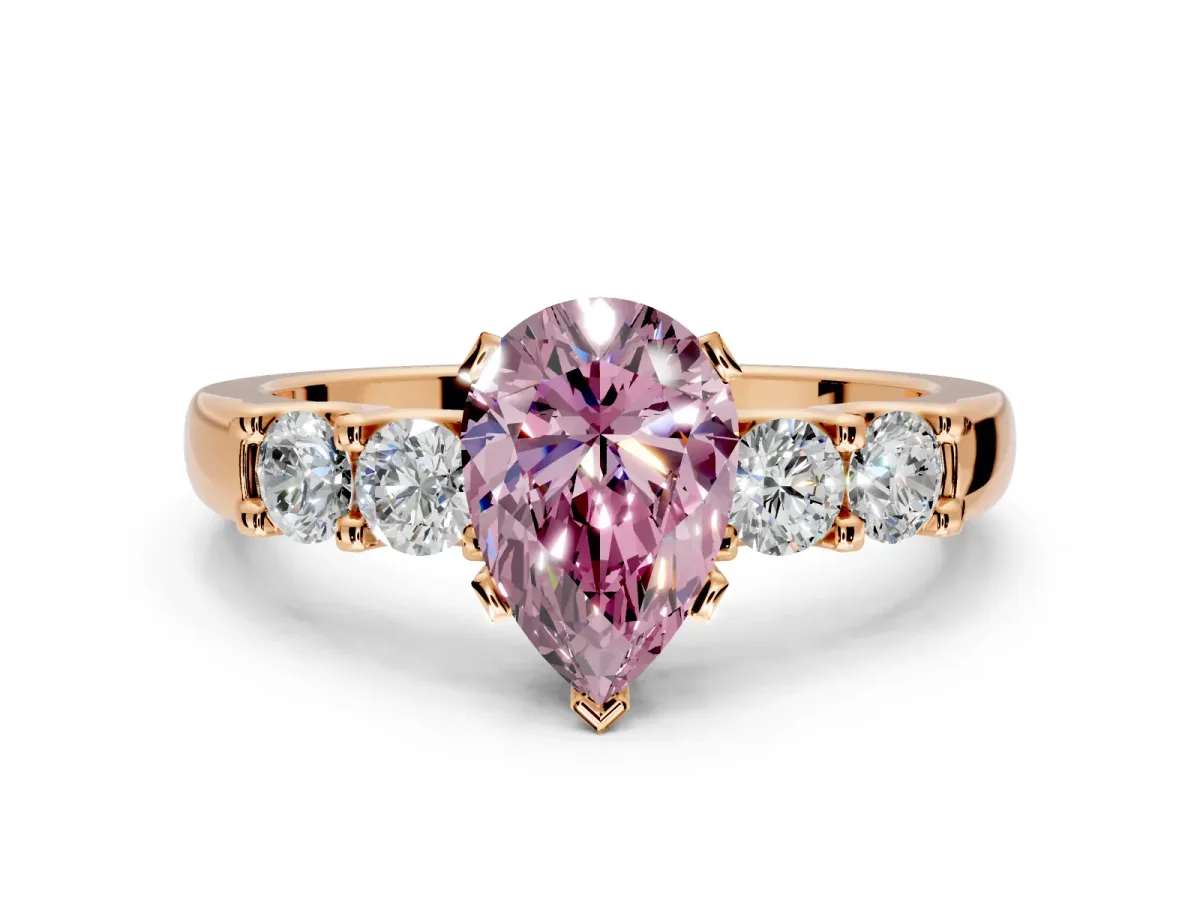 5 Stone Engagement Ring Setting for Fancy Pink Pear-Shaped Center with Plain Band and Prong Head in Rose Gold