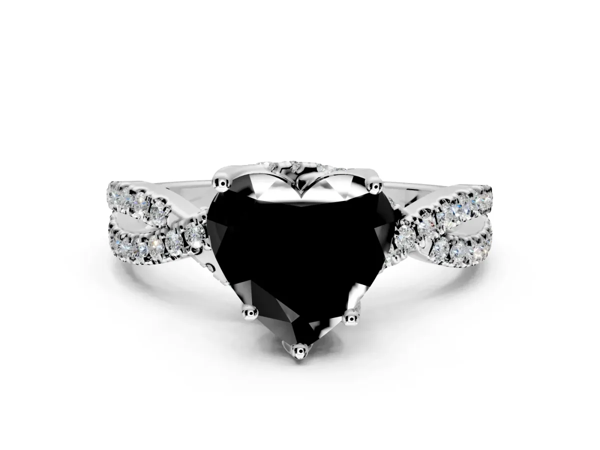 Solitaire Engagement Ring Setting for Fancy Black Heart-Shaped Center with Narrow Twist Pave Band and Prong Head in Sterling Silver
