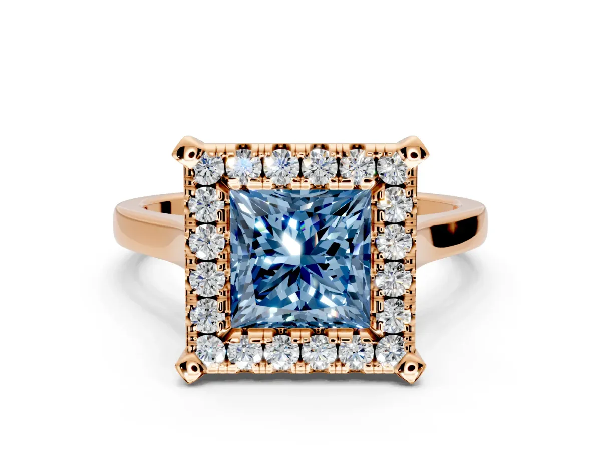 Single Halo Engagement Ring Setting for Fancy Blue Princess Cut Center with Corner Claws, Plain Band and Prong Head in Rose Gold
