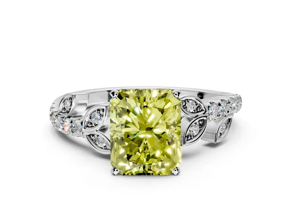 Leaf Motif Engagement Ring Setting for Fancy Yellow Radiant Cut Center with Pave Band and Prong Head in White Gold