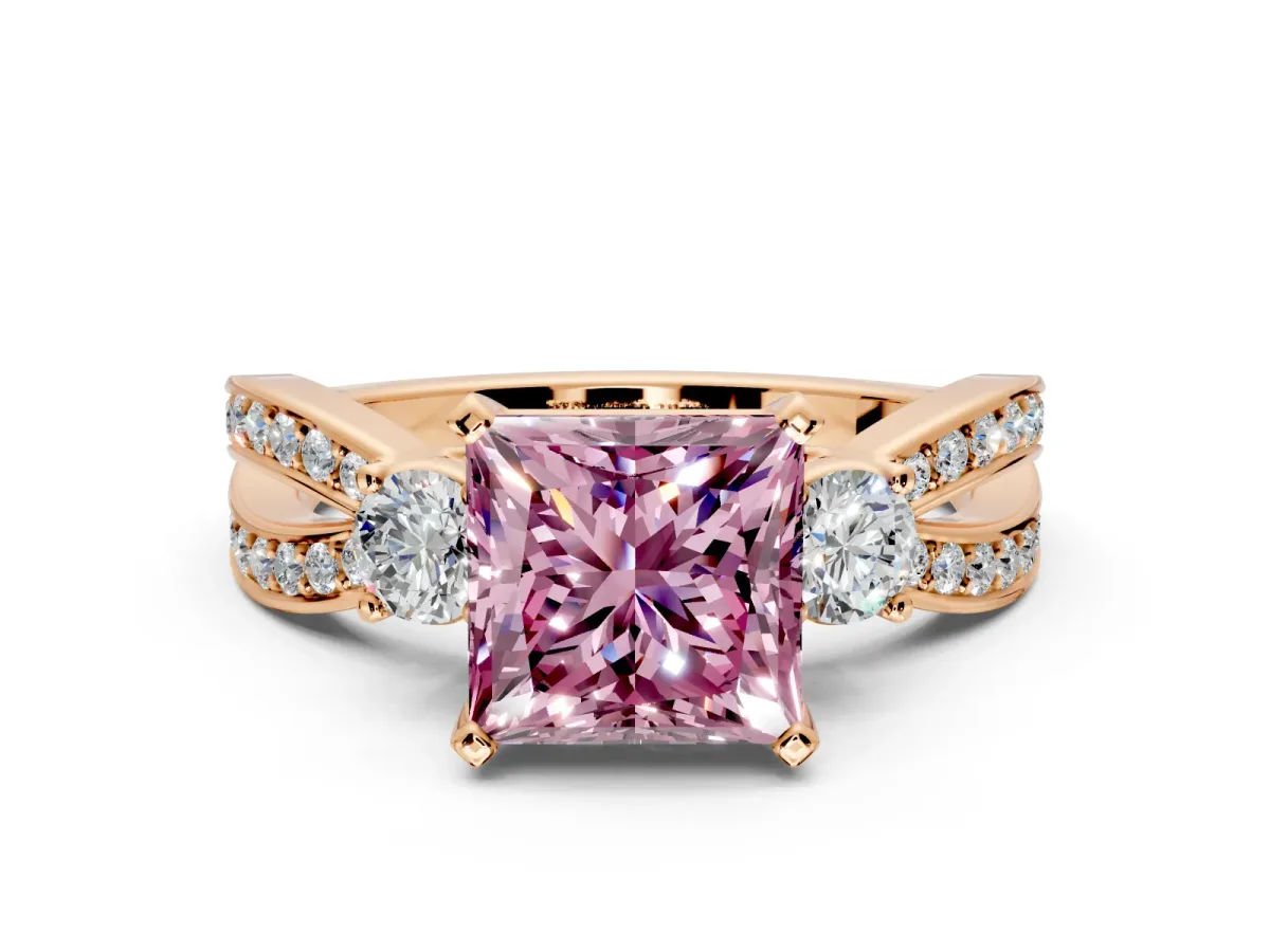 3 Stone Engagement Ring Setting for Fancy Pink Princess Cut Center with Pave Twist Band and Prong Head in Rose Gold