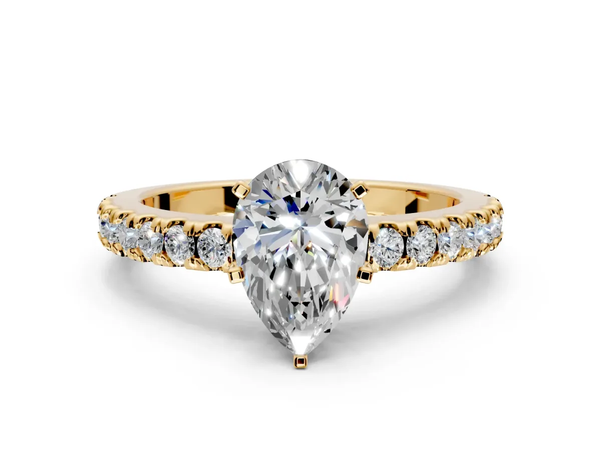Solitaire Engagement Ring Setting for Pear-Shaped Center with Single Row Accent Band and Prong Head in Yellow Gold