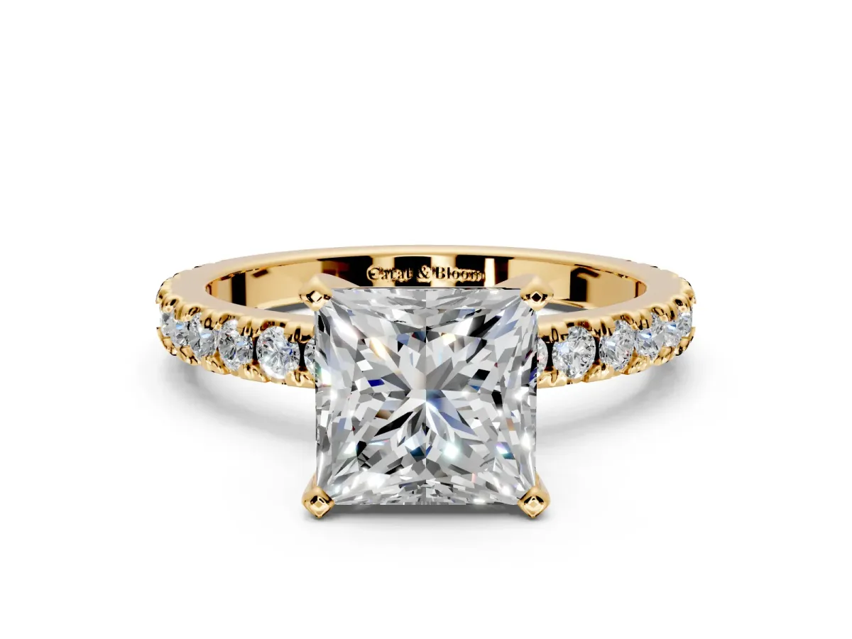 Solitaire Engagement Ring Setting for Princess Cut Center with Fine Pave Band and Claw Prong Head in Yellow Gold