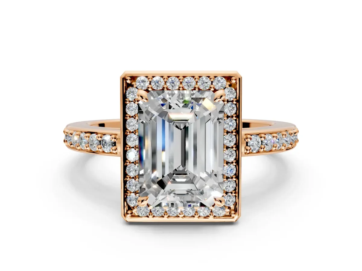 Halo Engagement Ring Setting for Emerald Cut Center with Metal-Rimmed Halo, Pave Band and Prong Head in Rose Gold