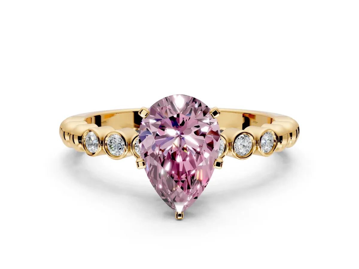 Solitaire Engagement Ring Setting for Fancy Pink Pear-Shaped Center with Bezel-Dot Beaded Band and Prong Head in Yellow Gold